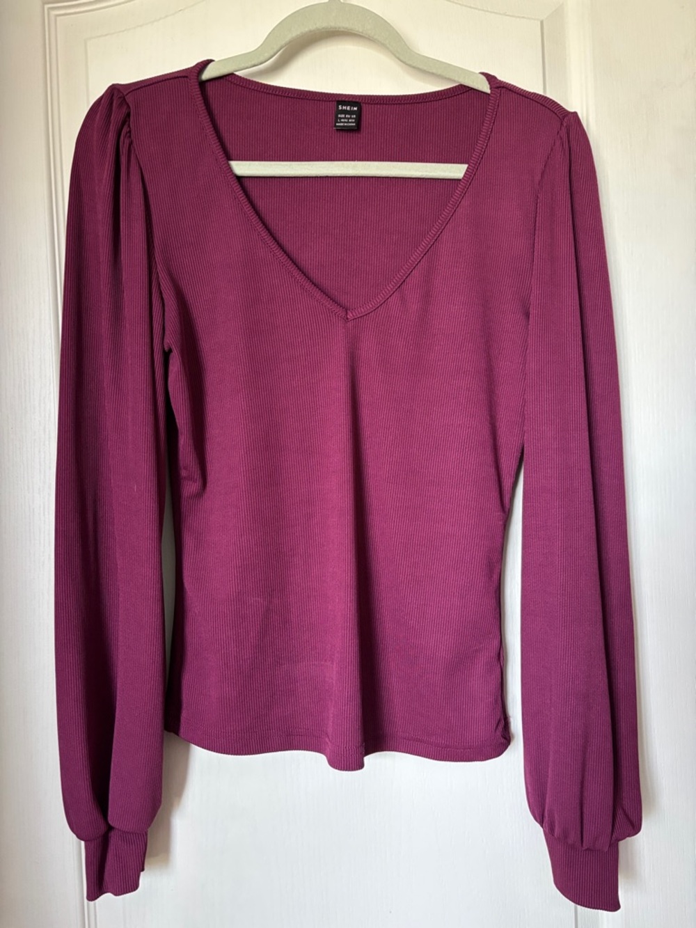 SHEIN Ribbed V-Neck Long Sleeve Top in Berry Plum